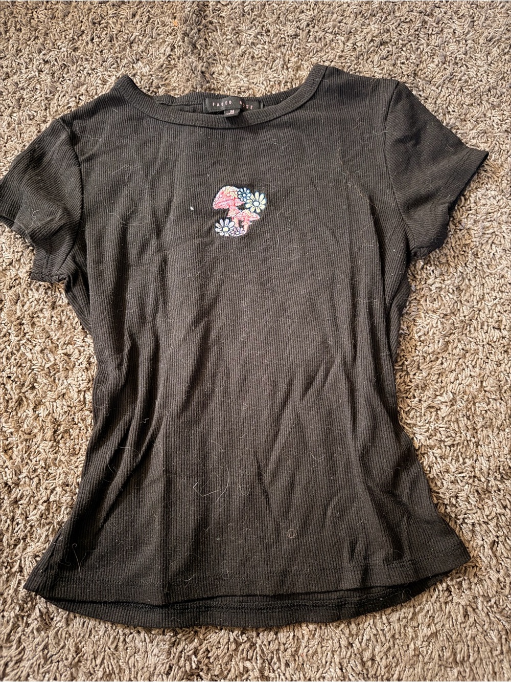 Black Short-Sleeve Ribbed Tee with Floral Embroidery